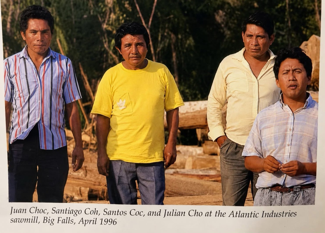 Juan Choc, Santiago Coh, Santos Coc and Julian Cho at the Atlantic Industries sawmill, Big Falls, April 1996